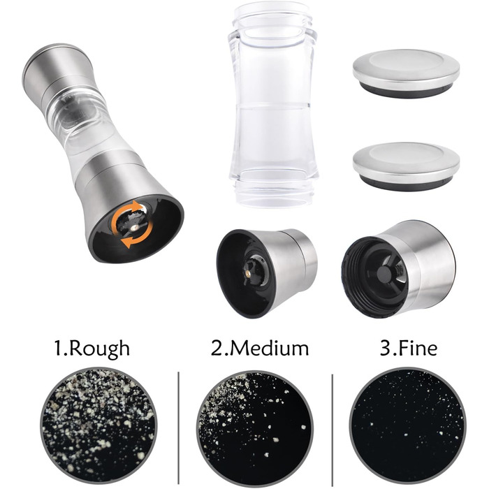 Мельниця для солі та перцю 2-в-1 Cyiecw, ручна, з регульованою керамічною млиночкою, з можливістю поповнення, нержавіюча сталь, срібна