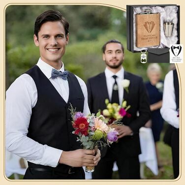 Персоналізований набір фляг 8oz з гравіюванням – фляга з нержавіючої сталі, 4 склянки, воронка & подарункова коробка для дружків, подарунок на весілля для чоловіків та жінок (колір дерева)