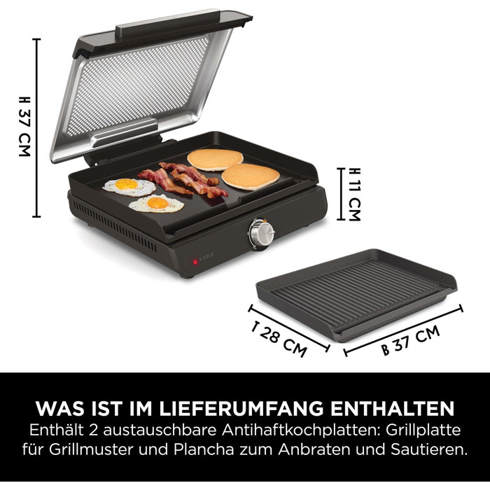 Ninja Sizzle Elektrogrill Indoor & Plancha (Flat Grill Plate) with Non-Stick Grill Plate, Removable & Dishwasher-Safe Lid, Grease Collector, Temperature Control & Recipe Book, Grey GR101EU
