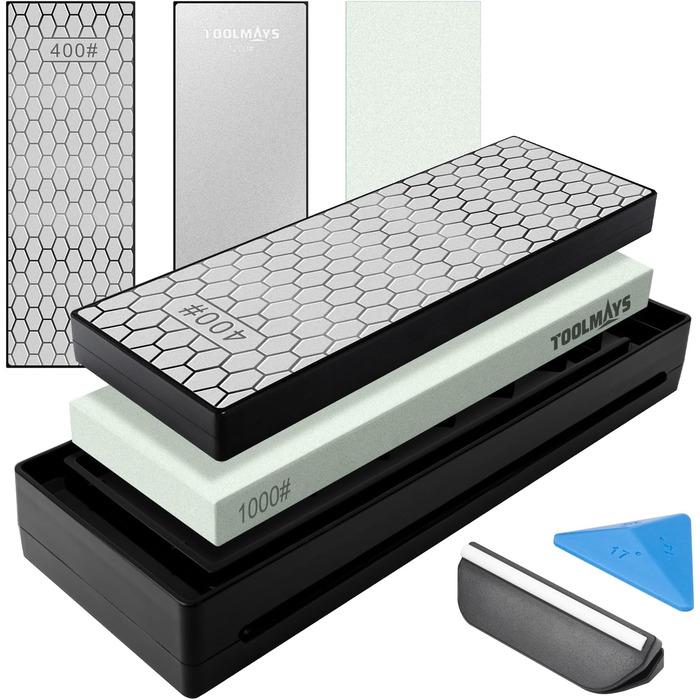 Набір для заточування ножів Schleifstein: зернистість 400/1000, підставка з бамбука, кутовий упор, двосторонній камінь, заточувальний камінь (діамантова зернистість 400/1200 з 1000#)