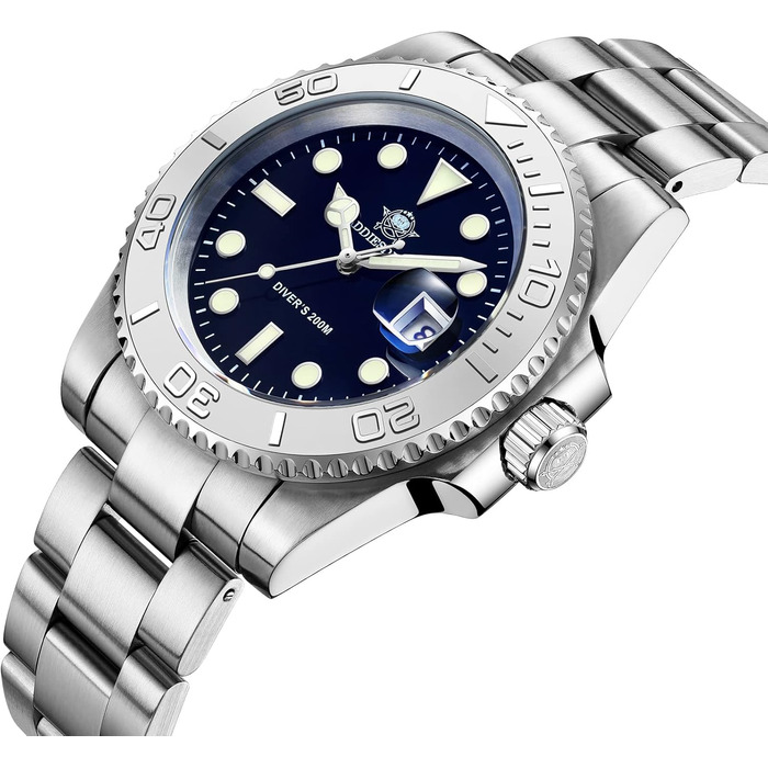 Годинник чоловічий ADDIESDIVE з кварцовим механізмом, аналоговий, водостійкий 20bar, з нержавіючої сталі, великий світний дисплей (срібний)