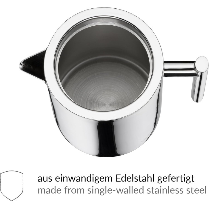 alfi TEA POT 1.40l, Stainless steel insulated pot with tea strainer and tea catcher, single-walled stainless steel, durable thermos pot, ideal as a teapot for loose tea, dishwasher-safe, BPA-free