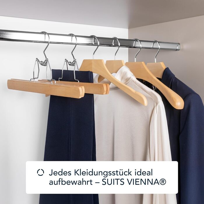 Дерев'яні брючні вішалки SUITS VIENNA, 8 шт, з металевим затискачем, антиковзкі, для тканинних штанів, натуральний колір, 28 см