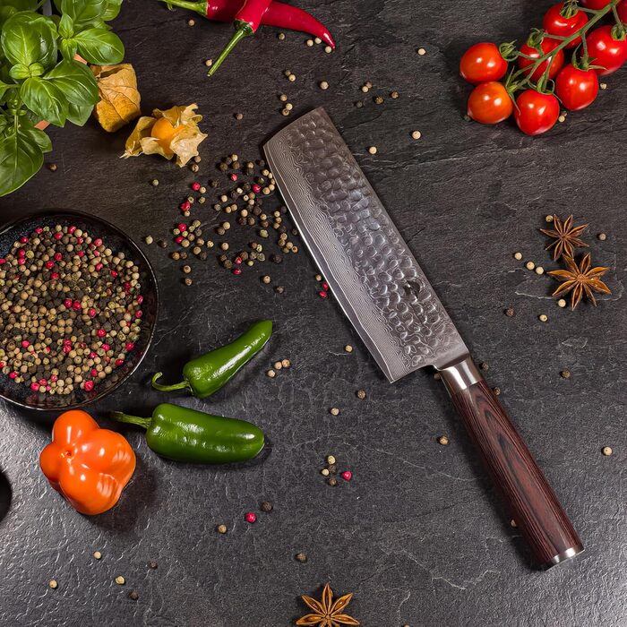 Японський ніж Nakiri Satomi® з 18 см лезом з 67 шарів дамаської сталі, традиційний стиль, професійний кухонний ніж для шеф-кухаря з ручкою з паккавуда