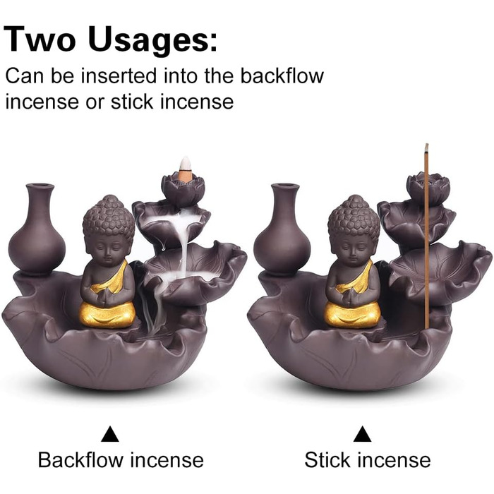 Golden Buddha Waterfall Backflow Incense Burner, Water Fountain Incense Holder, Golden Buddha Censer, Ceramic Incense Burner for Family, Office, Bedroom Decoration
