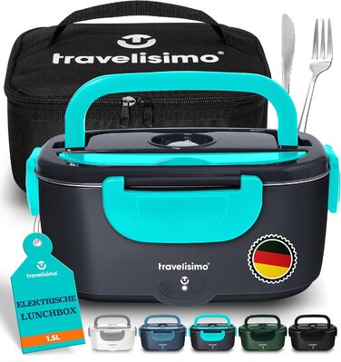Електрична ланчбокс TRAVELISIMO 80W 1,5L 3-в-1, для авто/роботи, 12V/24V/220V, Неоновий блакитний