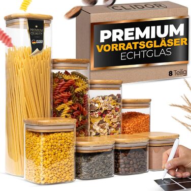 Скляні банки для зберігання з кришкою, кутові, набір 8 шт., об'єм 5,2 л, посилене скло, герметичні контейнери для продуктів, кухонні органайзери