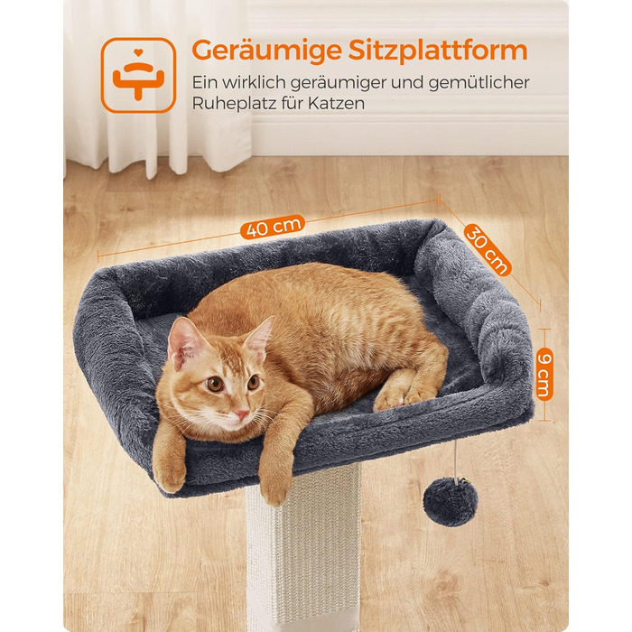 Feandrea Cat Tree, Cat Tower with 40 x 30 cm Plush Platform, Scratch Post, Cat Scratching Post, 71 cm High, Sisal-Wrapped Scratching Post, 45 x 40 cm Base, with Plush Ball, PCA022W01 (Dark Grey)