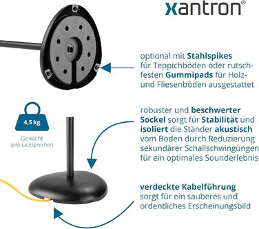 Підставка для колонок Xantron® ECO-SS05: регульована висота до 103 см, з антиковзким покриттям та прихованою прокладкою кабелю, комплект з кріпленням