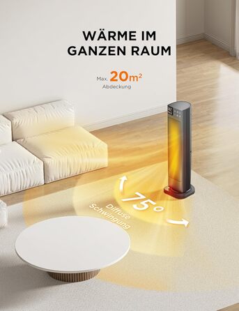 Електричний обігрівач Midea Ceramic 2000W з термостатом, 3 режими, таймер 24г, захист від перегріву та перекидання, миттєве тепло для офісу та спальні (сірий, 58см)