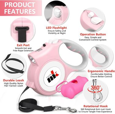 Висувна поводок для собак з LED-підсвіткою, 5 м, з мішками для собачого посліду, для собак маленьких та середніх порід до 25 кг, система гальма та блокування, ергономічна ручка, світло-рожевий колір