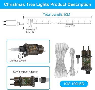 Гірлянда святкова LED 10 метрів, 100 світлодіодів, з пультом дистанційного керування, 8 режимів, вологостійка, для декору саду, вечірки, тераси, балкону (багатокольорова)