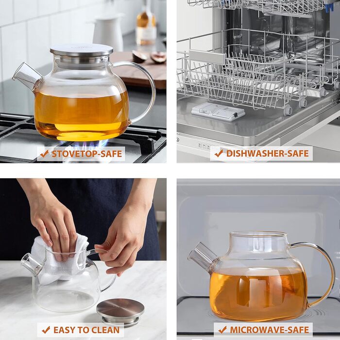 Скляна чайник CnGlass з ситечком, стійкий до плити, 900мл, з нержавіючою кришкою