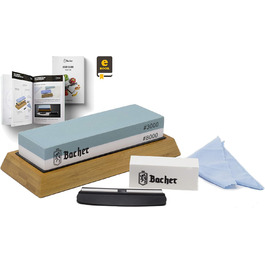 Преміум точильний камінь Bacher. Двосторонній, зернистість 400/1000. Точильний камінь для ножів з антиковзним бамбуковим блоком, для заточування ножів, з інструкцією. Зернистість 400/1000 (3000/8000)