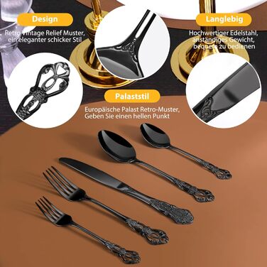 Набір столових приборів 20 предметів, чорний, нержавіюча сталь, Vintage Palast - для 4 осіб, полірований, для посудомийної машини