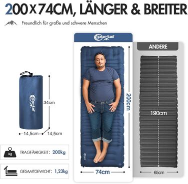 PORTAL Self-Inflating Camping Mat 10cm Thick Air Mattress Utraleicht with Foot Press Pump 18cm Thick Pillow Inflatable Mattress Outdoor Foldable Sleeping Mat 200*74cm for Camping Hiking Travel (Dark Blue)