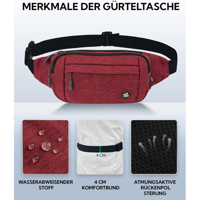WATERFLY Поясна сумка на пояс для чоловіків та жінок: спортивна сумка на талію, поясна фанка, для подорожей, прогулянок з собакою, активного відпочинку (Тьмяно-червоний)