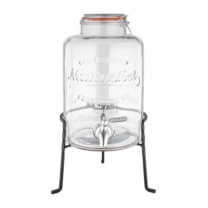 Olympia Nantucket Style Drink Dispenser with Wire Stand - Lockable Lids, Retro Stainless Steel Tap Glass Dispenser - 155(H)x200(W)x150(D)mm