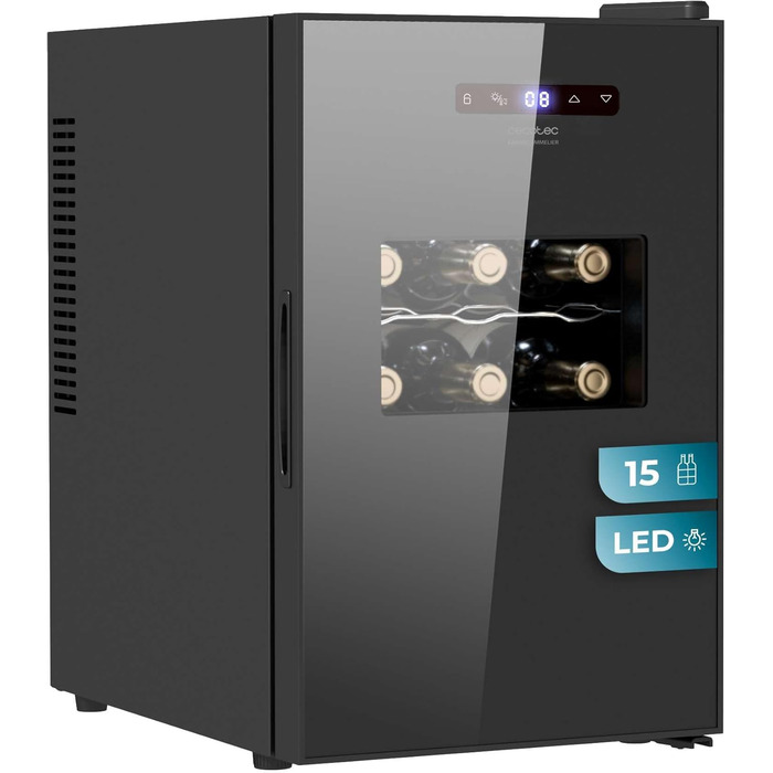 Cecotec Bolero GrandSommelier 830 CoolWood Wine Refrigerator, Thermoelectric, Quiet and High Performance, Adjustable Temperature: 8-18ºC, Touch Control Panel, Displays, Eco-friendly. (15 Bottles, Black)