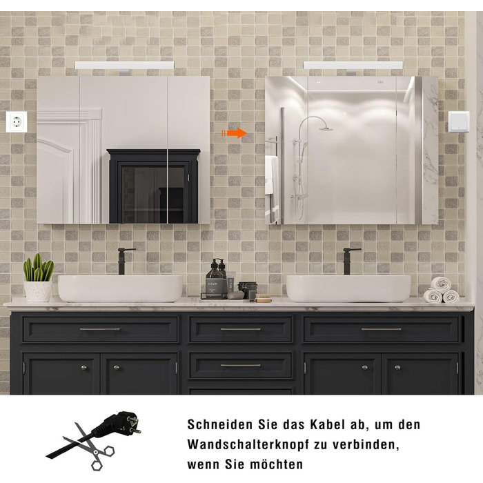 Дзеркальна шафка для ванної кімнати Dictac з LED-підсвічуванням, розеткою та вимикачем світла 70x15x60 см (ШxГxВ). Шафка з трьома дверцятами, шафка-дзеркало для ванної, навісна шафка, дзеркало для ванної кімнати, білий колір.