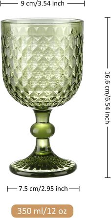 Joeyan 350ml Green Vintage Wine Glasses with Diamond Embossed Design, Colorful Goblet Glasses Wine Cup Set for Wine Juice Drinks, Set of 4 Retro Glasses with Stem, Dishwasher Safe