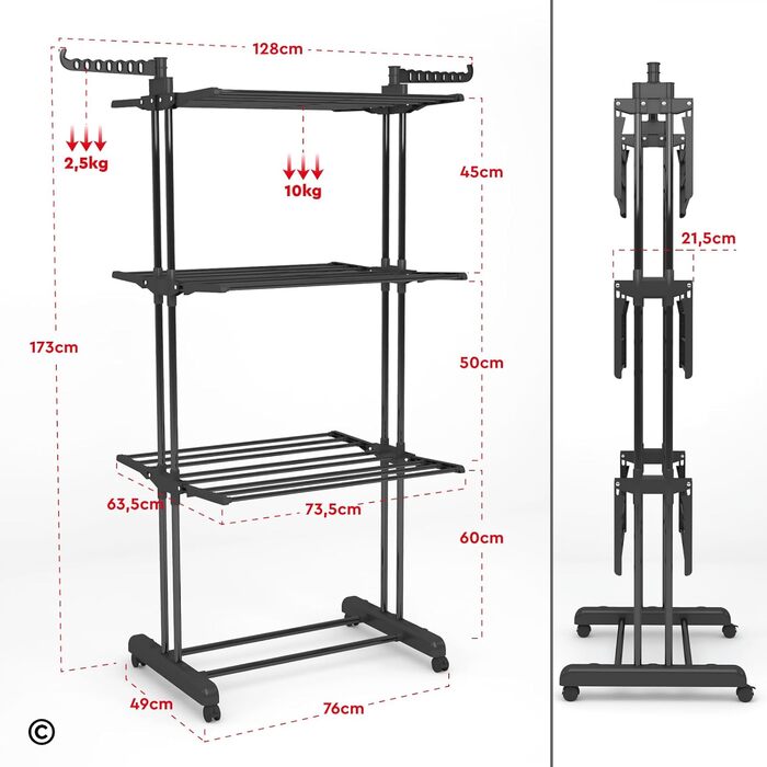 Сушарка для білизни VertiSlim складана, вежа з 4 рівнями, нержавіюча сталь, на колесах, чорна - для дому та вулиці