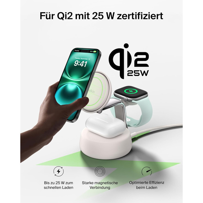 Беспроводное зарядное устройство Belkin UltraCharge Pro Qi2 3-в-1, 25W, MagSafe сумісне для iPhone, Apple Watch, AirPods, адаптер 45W, пісочний колір