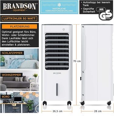 Мобільний повітряний охолоджувач Brandson з водяним охолодженням випарний зволожувач-вентилятор без повітровідводу, тихий, Тип 1