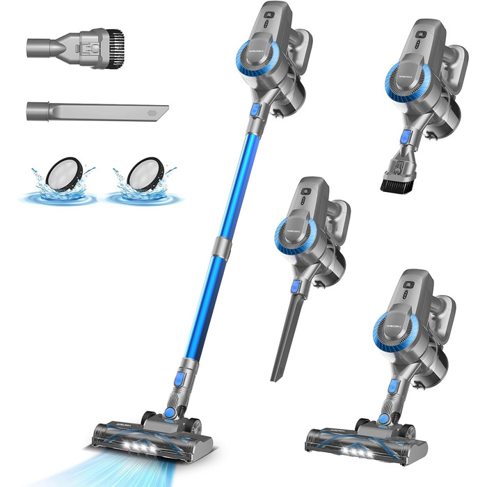 Бездротовий акумуляторний пилосос 25000Pa, 175W, 50хв, з антизаплутувальною насадкою та самостійним паркуванням, легкий ручний пилосос для прибирання килимів, твердих підлог та шерсті тварин, блакитний