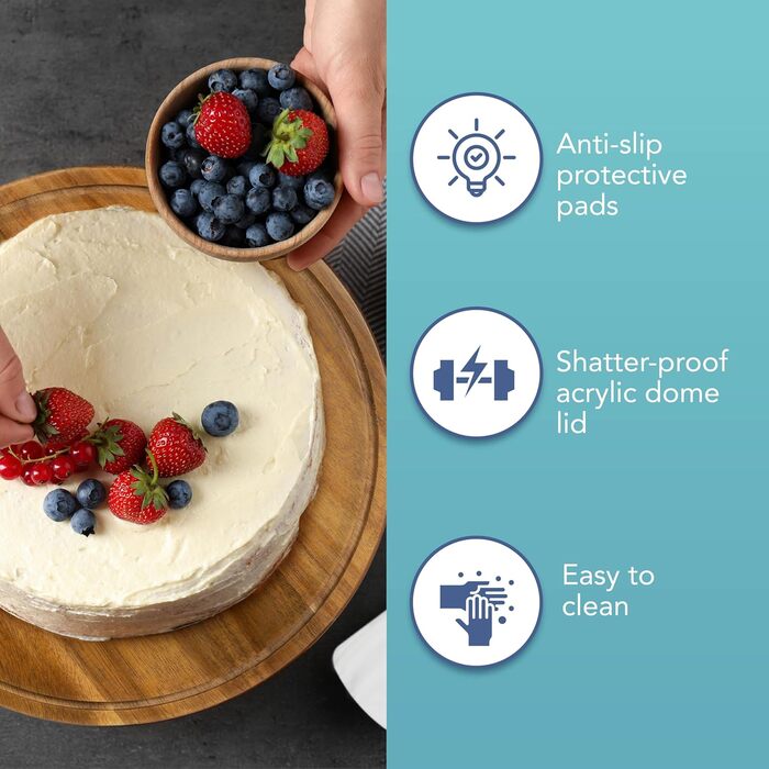Підставка для тортів HEFTMAN 25,4 см з куполоподібним кришкою – 2-в-1 антиковзаюча підставка з акації з прозорою кришкою з акрилу для тортів, випічки, сирних дощок – ідеально для дня народження, весілля, святкування