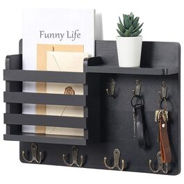 Настінна вішалка для ключів з дерев'яною поштою та полицею, ключниця на стіну, дерев'яне ключове тримач, 4 гачки, рустикальний декор для входу, передпокою, офісу, чорний