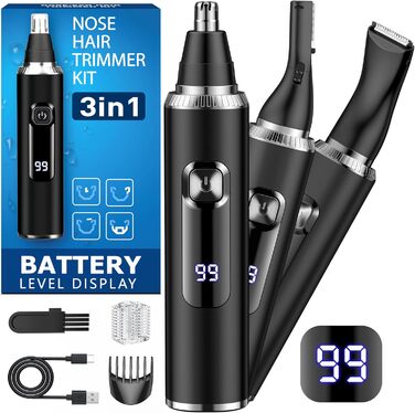 Триммер для носа, вух та брів Herren 3-в-1 з LED-дисплеєм, USB-C, IPX7, чорний - для чоловіків та жінок