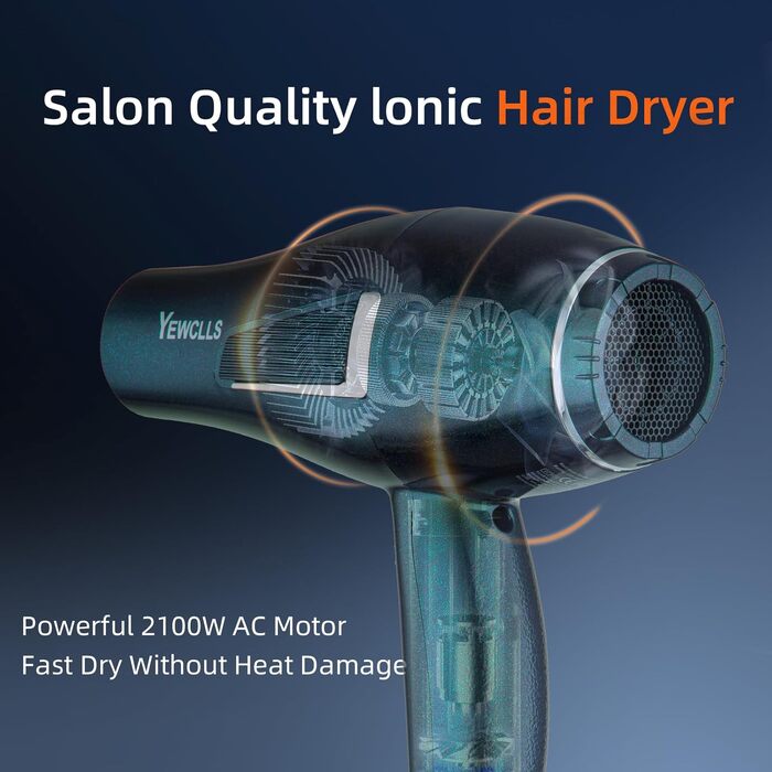 Професійний іонний фен для волосся Salon 2100W, швидке сушіння, 2 швидкості, 3 температурні режими, набір насадок (дифузор, концентратори, гребінці), зелений
