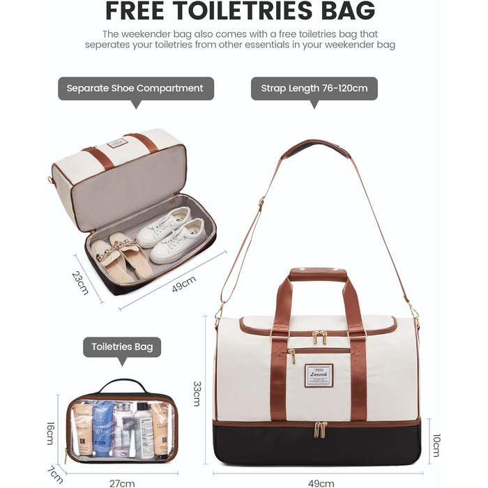 Сумка-валіза LOVEVOOK 37L для ручної поклажі: Weekender, спортивна, пляжна, з відділенням для взуття та мокрих речей, водонепроникна, для подорожей та відпочинку (M, Бежево-чорно-коричнева)