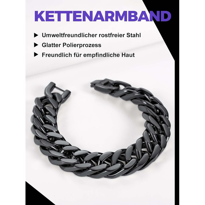 Чоловічий браслет Richsteel з нержавіючої сталі, срібно-золотий/чорний, 17 мм, 19 см, кубинський ланцюг, подарункова коробка