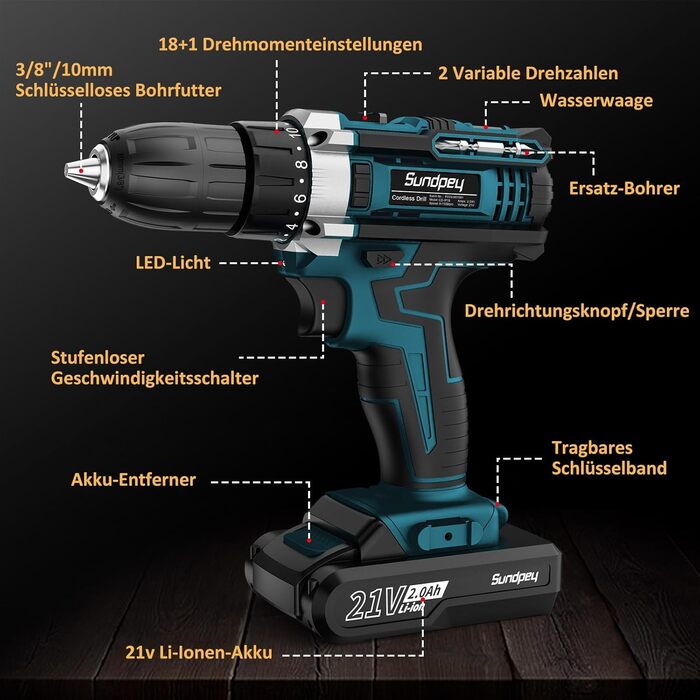 Акумуляторний шуруповерт Sundpey 21V з 2x2000mAh акумулятором, 45 Нм, 2 швидкості, 18+1 момент, патрон 10мм, набір 19шт для дому та DIY, блакитний
