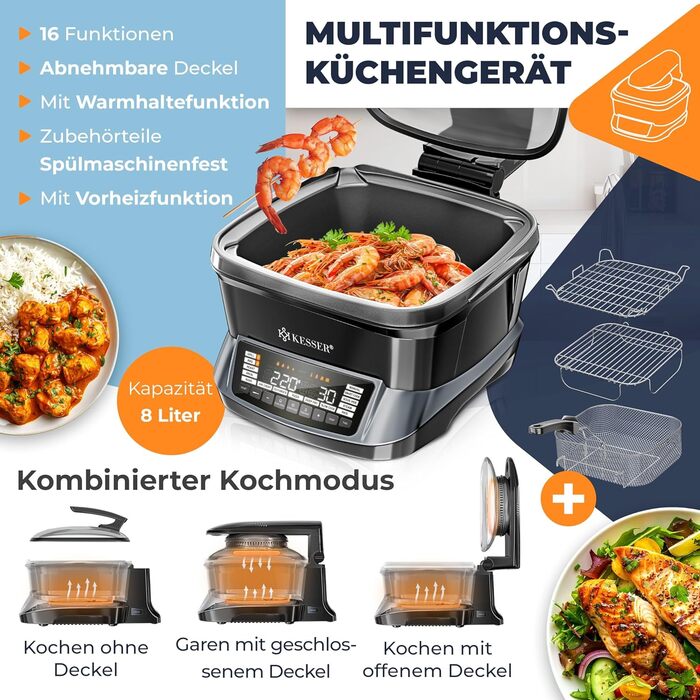 Мультиварка KESSER® 8л з фритюрницею та 16 програм - гриль, випічка, тушкування, приготування на пару, підтримка тепла, швидка обробка, рисоварка, йогуртниця (антрацит)