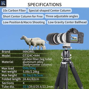 Професійний вуглецевий штатив INNOREL GT324C з кулястою головкою для DSLR камер, компактний вуглепластиковий трипід, максимальне навантаження 25 кг