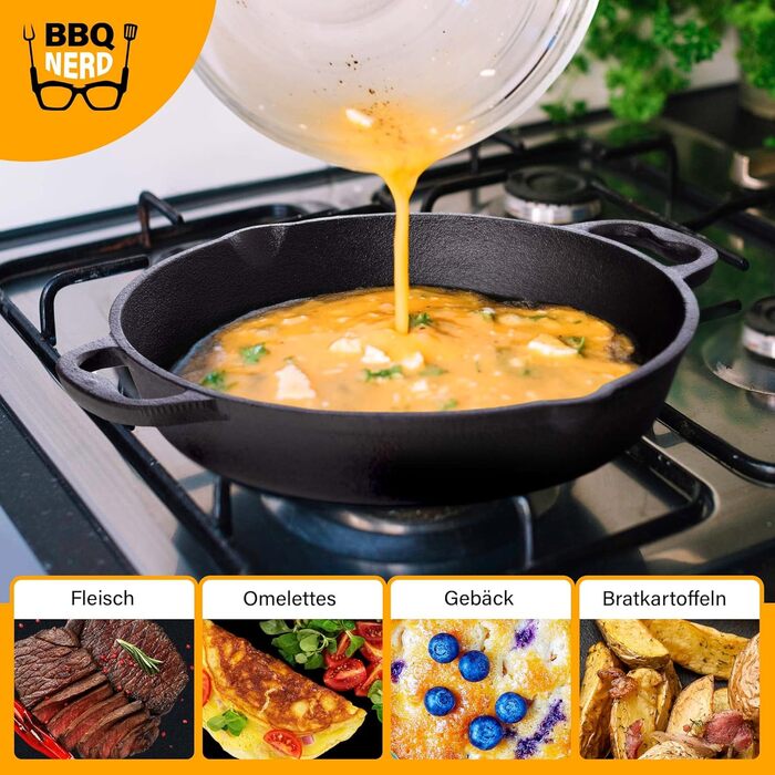 Чавунна сковорода BBQ Nerd для гриля 35 см з носиком і ручками, антипригарна, жаростійка, для смаження та запікання, 4550 г