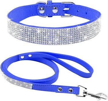 Soft Suede Dog Collar, Shimmering, Sparkling, Elegant, Unique, Embellished with Rhinestones, for Pets, Puppies, Cats, Dogs, Combo Set with Leash (XXS, ) (Dark Blue, XX-Small)