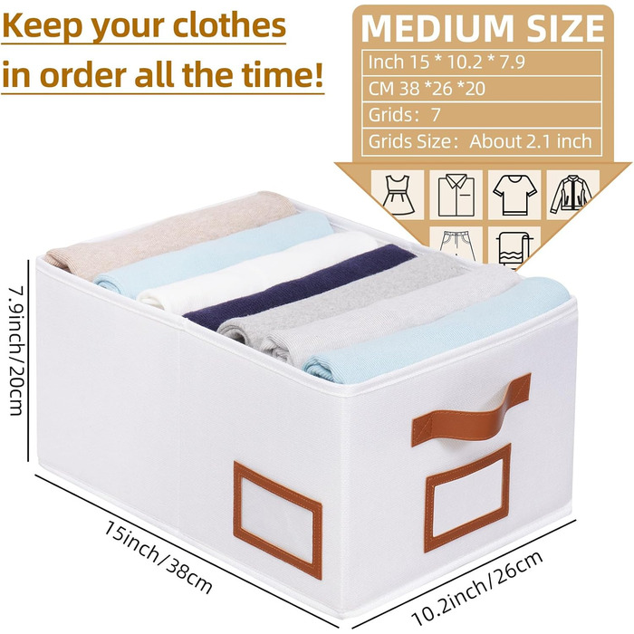 OUTBROS 3-Piece Closet Organizer, Storage Boxes, Foldable Storage Boxes, Fabric Clothes Storage Organization with Compartments, for Pants, Shirts, 40x30x20cm, (White, M-3 Pack)