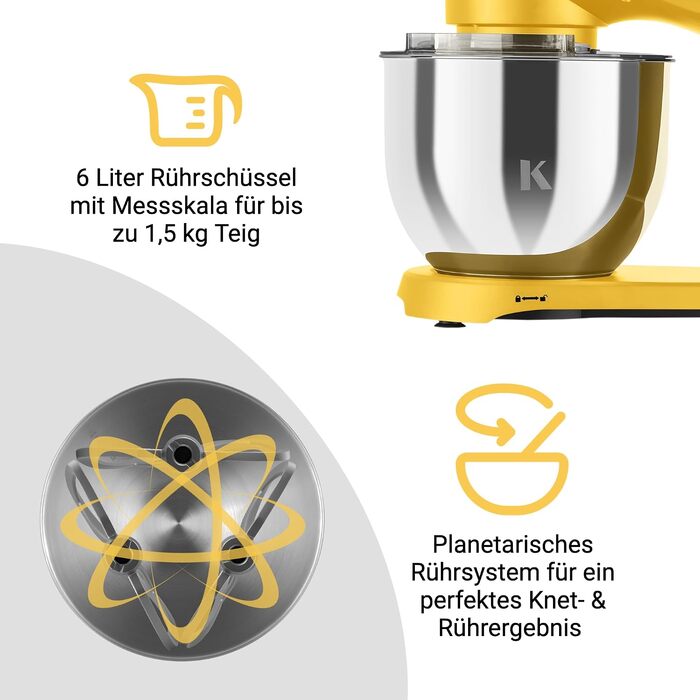Кухонний комбайн KLAMER 1800W, планетарний міксер для тіста з чашею з нержавіючої сталі 6л (Premium Yellow)