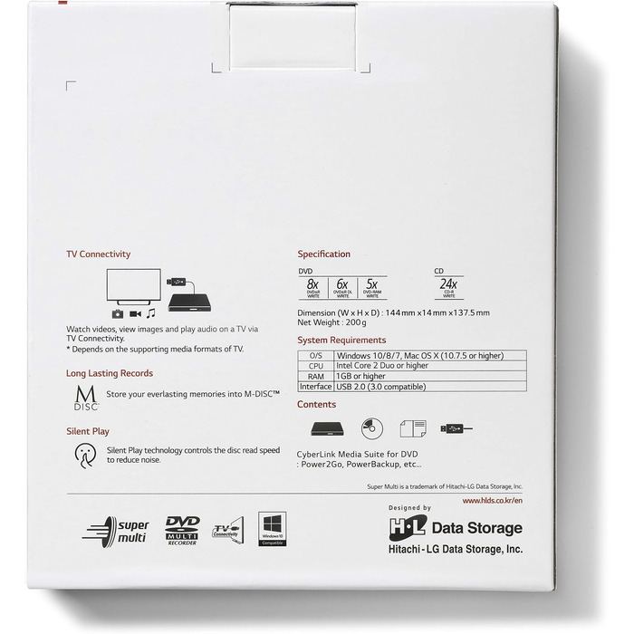 Зовнішній DVD-привід Hitachi-LG GP60, портативний Slim DVD-записувач та плеєр для ноутбука, USB 2.0, швидкість 8x, сумісність з Windows та Mac OS, чорний