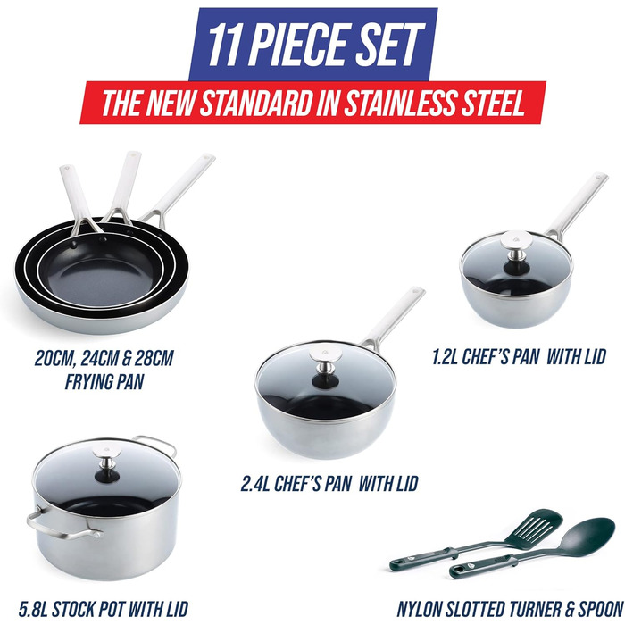Набір посуду Blue Diamond Cookware (11 предметів): сковороди, каструлі з нержавіючої сталі з покриттям DiamantKeramik, антипригарне покриття, без PFAS, для індукційних плит, можна мити в посудомийній машині та використовувати в духовці, срібний колір