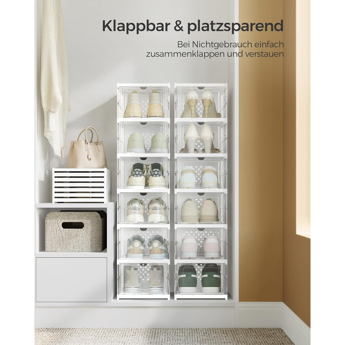 SONGMICS Shoe Cabinet Set, with 18 Shoe Boxes, Integrated Shoe Organizer, Foldable, Portable, for Shoes up to Size 46, 1-Minute Assembly, Transparent + Cloud White LSP207W01 (Transparent + Cloud White, 2)