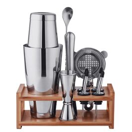 Набір для коктейлів 10 предметів з нержавіючої сталі: шейкер, міксер, дерев'яна підставка, аксесуари бармена (мірний стакан, ложка, наливка) для приготування напоїв вдома, барі, на вечірці