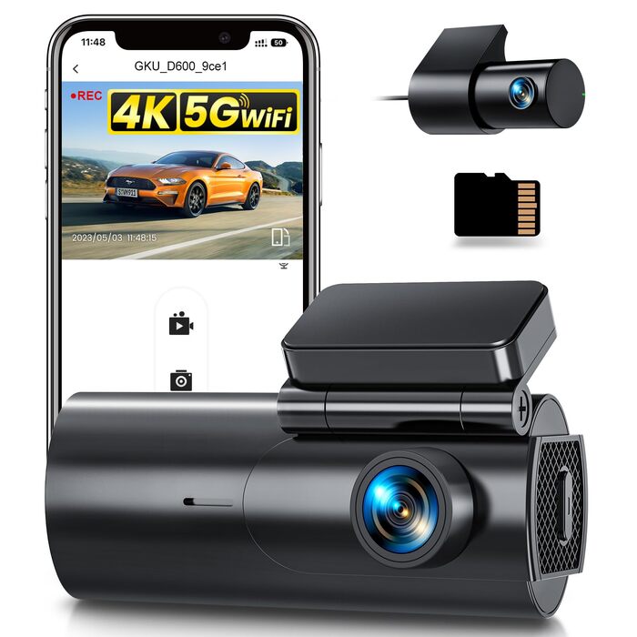Автомобільний відеореєстратор GKU 4K+1080P (передній та задній), 5GHz WiFi, з картю пам'яті 64GB, глянцевий чорний
