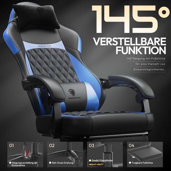Ігрове крісло Dowinx Racing з ергономічною підтримкою попереку, PU шкіра, 150 кг, чорно-синій