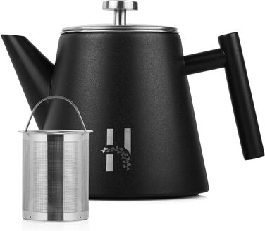 Hanamura Thermo Teapot with Infuser - Stainless Steel Teapot, Double-Walled and with Strainer - 1L - Black Metal Teapot - Insulated Thermos Modern Design