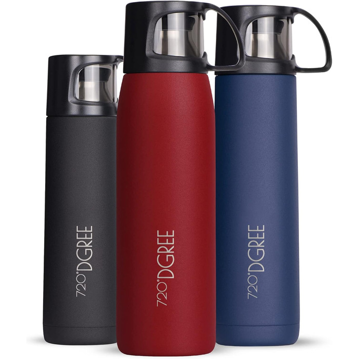 Термос 720°DGREE Thermoskanne 'Follow' 1л з чашкою, 12 год гарячий, 24 год холодний, не протікає, без BPA, з нержавіючої сталі, ізотермічна пляшка для кави, чаю, роботи, школи, в дорогу, 1000 мл, Imperial Red, матове покриття, червоний